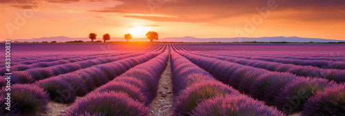 Morning sun.A farmland overlooking the horizon where beautiful lavender flowers bloom. Changes in the weather and the environment transform the flower fields into magical heavenly paradise scenery.