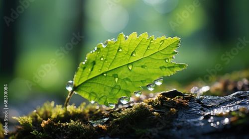 Sunlight and shadows play on a leafy sprout, its leaves decorated with nature's own jewels of dew.