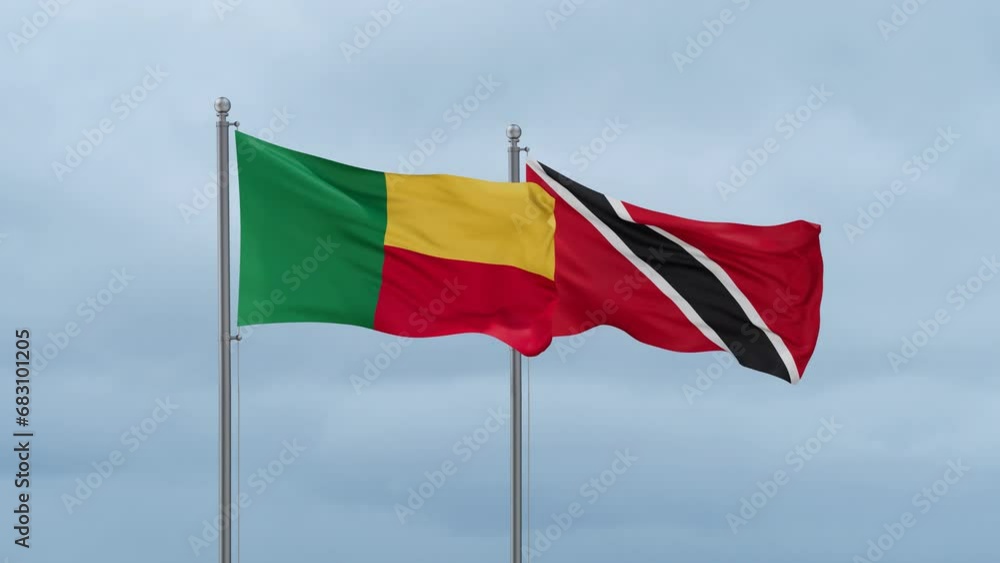 Trinidad and Tobago and Benin flag waving together on cloudy sky, endless seamless loop, two country cooperation concept Trinidad and Tobago and Benin flag waving together on cloudy sky, endless seamless loop, two country cooperation concept