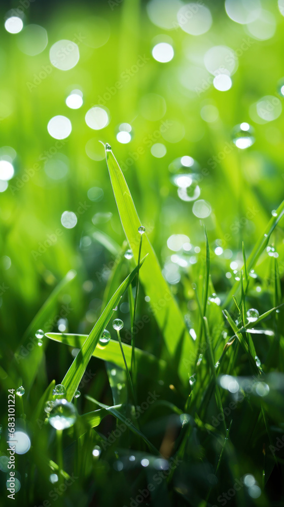 Fototapeta premium Close-up of fresh grass with dewdrops reflecting the morning sun. The image portrays the serenity of a dewy meadow at sunrise.