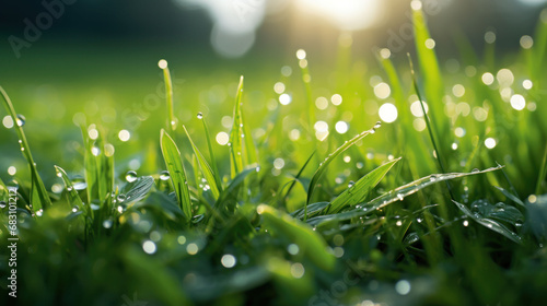 Dew-kissed grass blades glowing with the morning light, presenting a tranquil natural scene. Perfect for themes of growth and new beginnings.