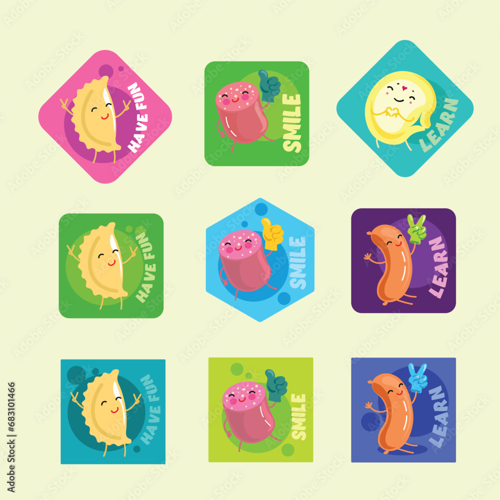 Set of icons or stickers with dumplings sausages dumplings