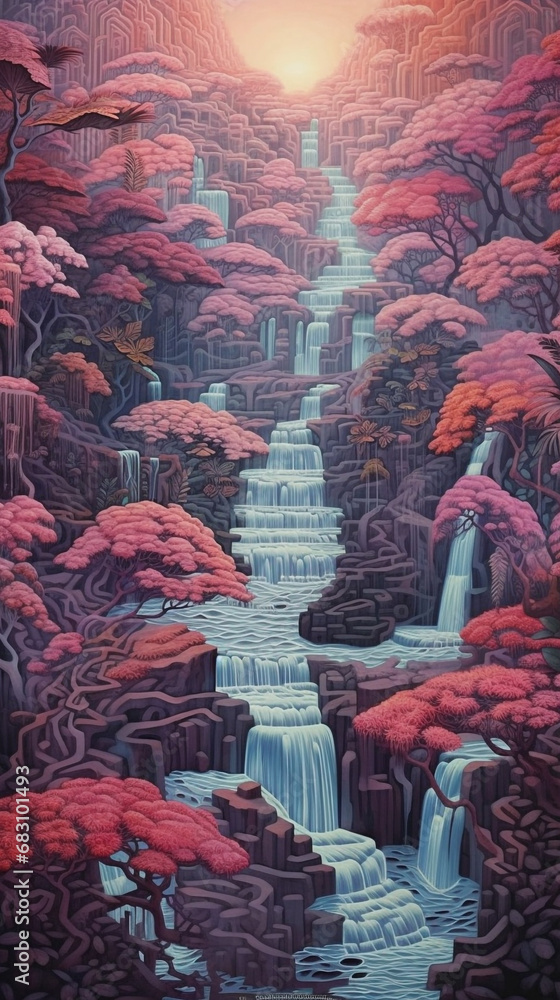 Illustration of waterfall painting with many different patterns and lines
