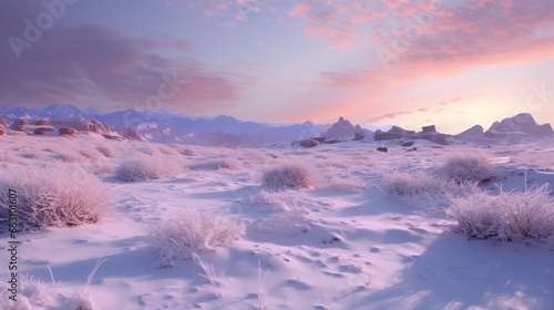 A Serene Winter Wonderland: Snow-Covered Field and Majestic Mountain Backdrop