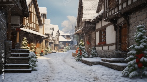 A Tranquil Winter Wonderland: Snowy Street in a Quaint Small Town
