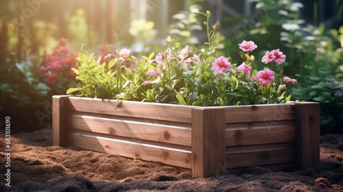 A Colorful Oasis: A Wooden Planter Overflowing with Vibrant, Blooming Flowers