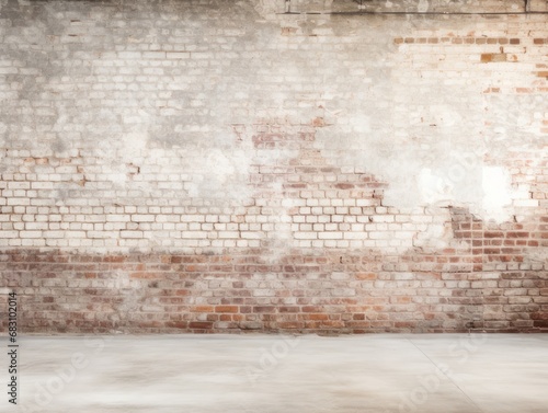 Empty Old Brick Wall Texture. Painted Distressed Wall Surface. Grungy Wide Brickwall. Grunge Red Stonewall Background. Copy space. Parquet floor. Mock up room.