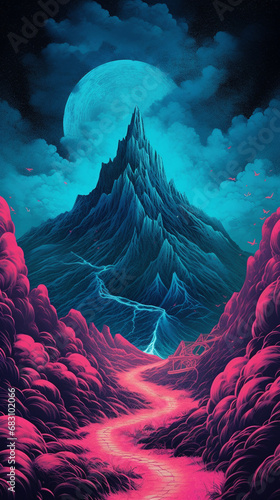 Mountain illustration with dark and pink colors