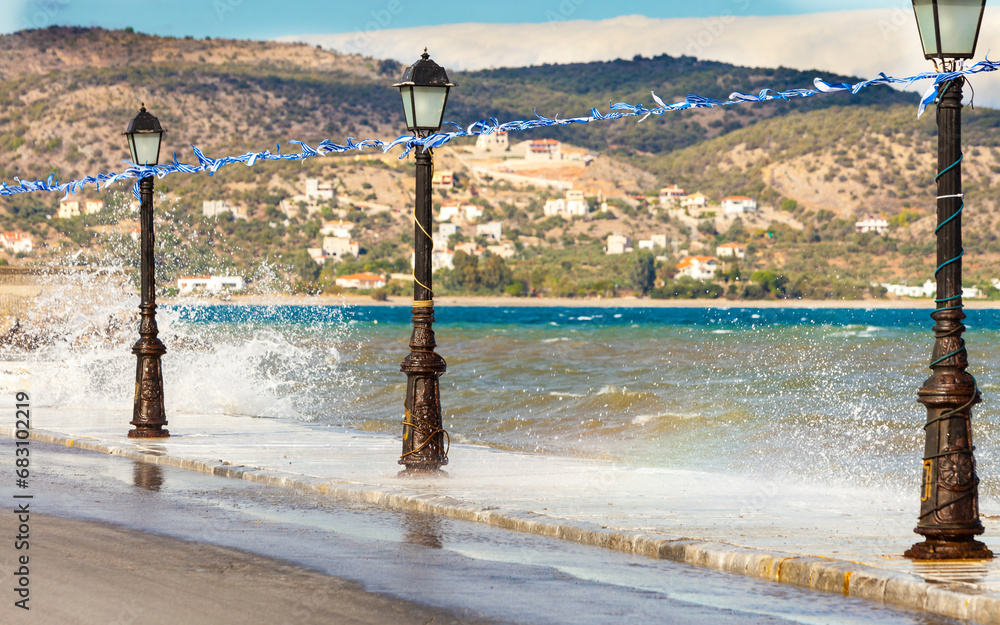 Promenade walking area on seaside in greek resort