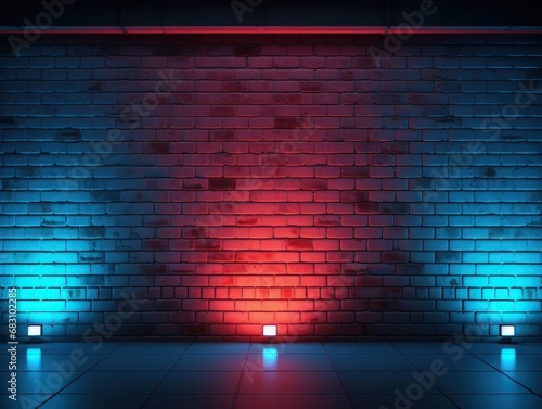Neon light on brick wall background with copy space. Parquet floor. Mock up room.