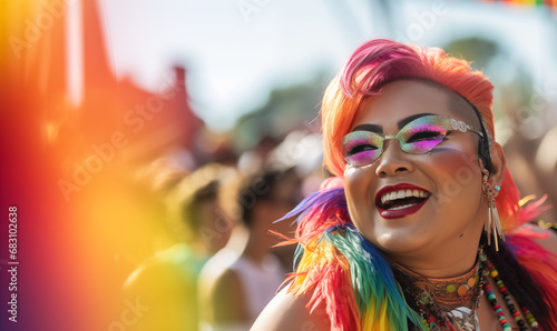 Candid pride close-up of a happy mature plus-size queer asian woman with colourful hair smiling celebrating gay pride festival