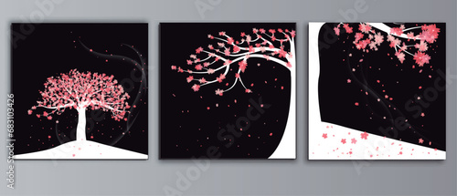 set de 3 ilustraciones de paisajes vectoriales. arbol de cerezo blanco sobre fondo negro