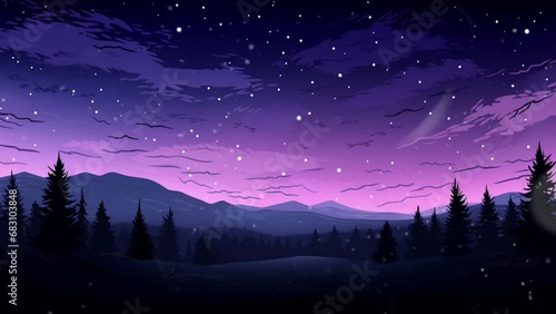 Mysterious landscape of majestic mountains in winter with purple night sky and snowfall. Smooth looping video background animation, cartoon style. Generated with AI