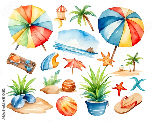 set of beach watercolor elements isolated on transparent background photo