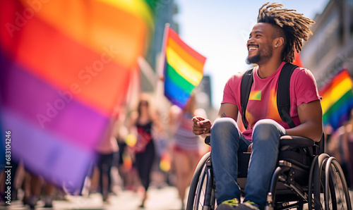 Disabled gay man in a wheelchair celebrating LGBTQ+ pride festival on a sunny summer day with rainbow flags to support gay right flags and freedom photo