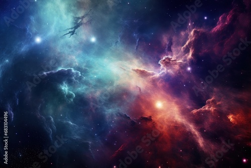 A vivid depiction of a colorful nebula in deep space, with swirling gases and bright stars. photo