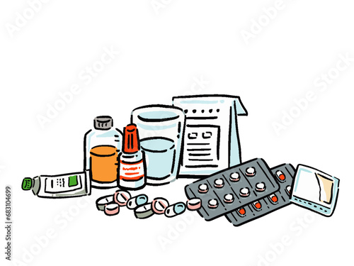 色々な薬が集まる　手描き風イラスト
