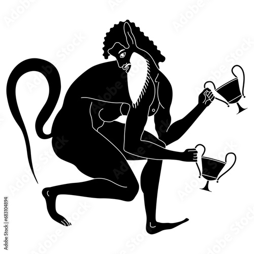 Ancient Greek satyr holding two cups of wine. Vase painting style. Ethnic design. Black and white silhouette.