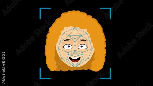 video animation technology scanner facial recognition of a red hair woman cartoon. On a transparent background with zero alpha channel photo