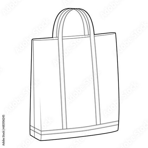 Tote Bag silhouette bag. Fashion accessory technical illustration. Vector satchel front 3-4 view for Men, women, unisex style, flat handbag CAD mockup sketch outline isolated