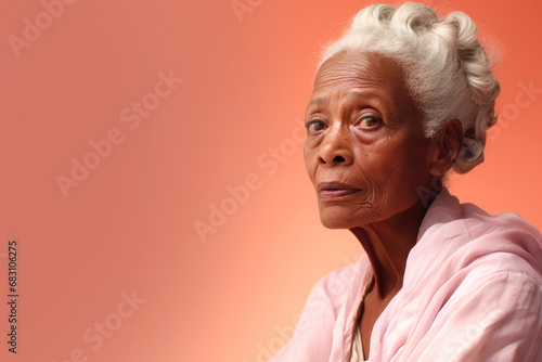 Generative AI image of an elderly African American woman with a thoughtful expression, symbolizing strength and contemplation for a breast cancer campaign photo