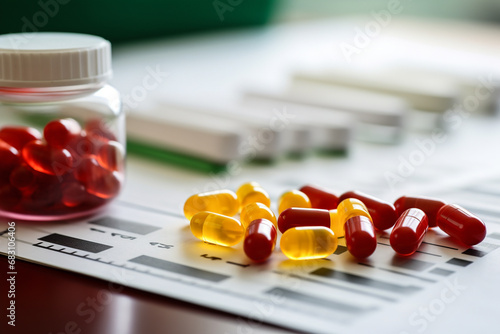 Generative AI illustration transparent bottle with red capsules and scattered yellow capsules on a medication chart photo