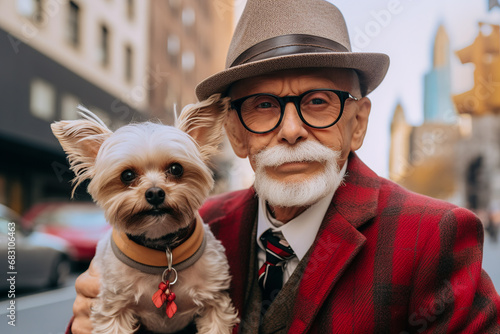 Generative AI illustration elderly gentleman in a dapper red suit and hat poses with his adorable small dog on a city street photo