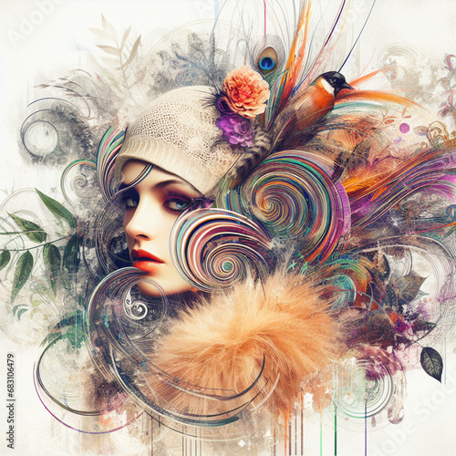 Abstract fantasy illustration featuring a close up portrait of striking 1920's Gatsby girl, pheasant cloche, fur stole, inspired by [Rolf Armstrong, Margaret Keane, Paul Poiret], enveloped in colorful photo