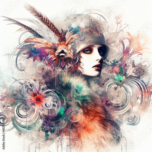 Abstract fantasy illustration featuring a close up portrait of striking 1920's Gatsby girl, pheasant cloche, fur stole, inspired by [Rolf Armstrong, Margaret Keane, Paul Poiret], enveloped in colorful