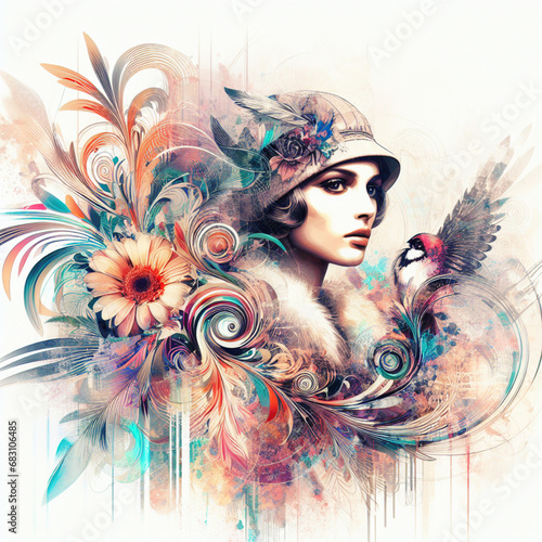 Abstract fantasy illustration featuring a close up portrait of striking 1920's Gatsby girl, pheasant cloche, fur stole, inspired by [Rolf Armstrong, Margaret Keane, Paul Poiret], enveloped in colorful