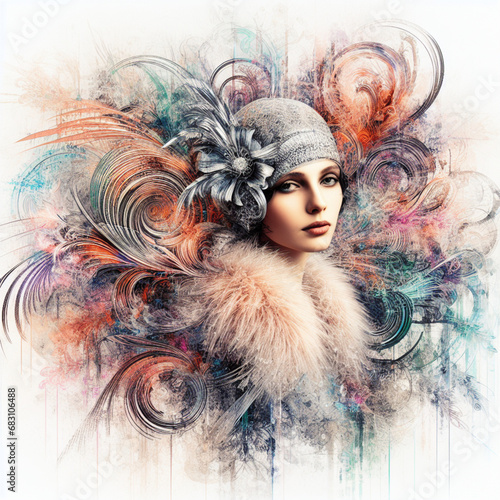 Abstract fantasy illustration featuring a close up portrait of striking 1920's Gatsby girl, pheasant cloche, fur stole, inspired by [Rolf Armstrong, Margaret Keane, Paul Poiret], enveloped in colorful