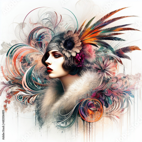 Abstract fantasy illustration featuring a close up portrait of striking 1920's Gatsby girl, pheasant cloche, fur stole, inspired by [Rolf Armstrong, Margaret Keane, Paul Poiret], enveloped in colorful