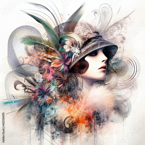 Abstract fantasy illustration featuring a close up portrait of striking 1920's Gatsby girl, pheasant cloche, fur stole, inspired by [Rolf Armstrong, Margaret Keane, Paul Poiret], enveloped in colorful