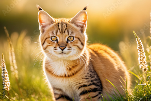 Cute brown cat kitten walking and playing on lawn in park in morning. Scottish kitten mixed with Thai cat. cute and naughty of kitten or cat concept. pet animal.