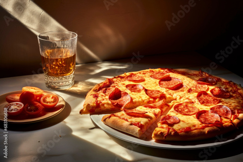 Generative AI illustration of ham and cheese pizza served on a white ceramic plate, accompanied by a glass of tea and a plate with slices of cherry tomatoes photo