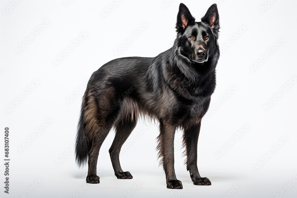 Blue Bay Shepherd dog standing on a white background. Animal right-side portrait. Blue Bay Shepherd dog standing on a white background. Animal right-side portrait.