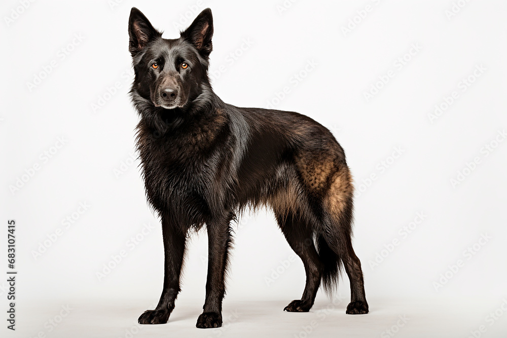 Blue Bay Shepherd dog standing on a white background. Animal left-side portrait. Blue Bay Shepherd dog standing on a white background. Animal left-side portrait.