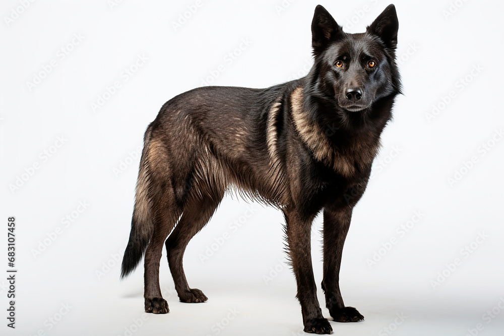 Blue Bay Shepherd dog standing on a white background. Animal right-side portrait. Blue Bay Shepherd dog standing on a white background. Animal right-side portrait.