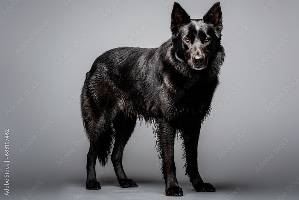 Blue Bay Shepherd dog standing on a white background. Animal right-side portrait.