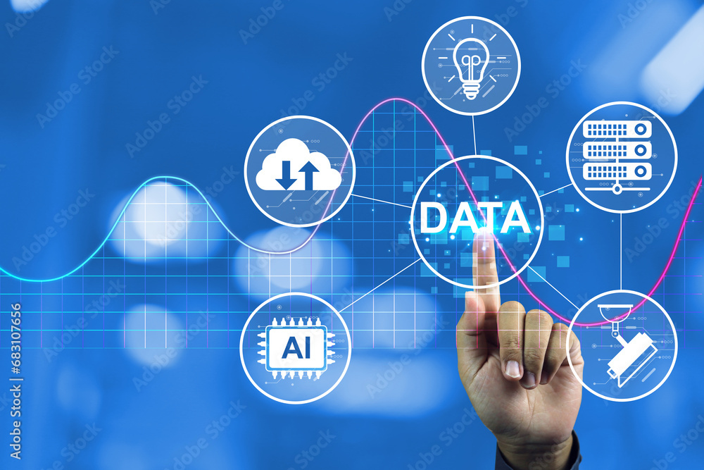 Fototapeta premium Businessman hand touch on data server and cloud technology system to monitoring download or upload for business activity