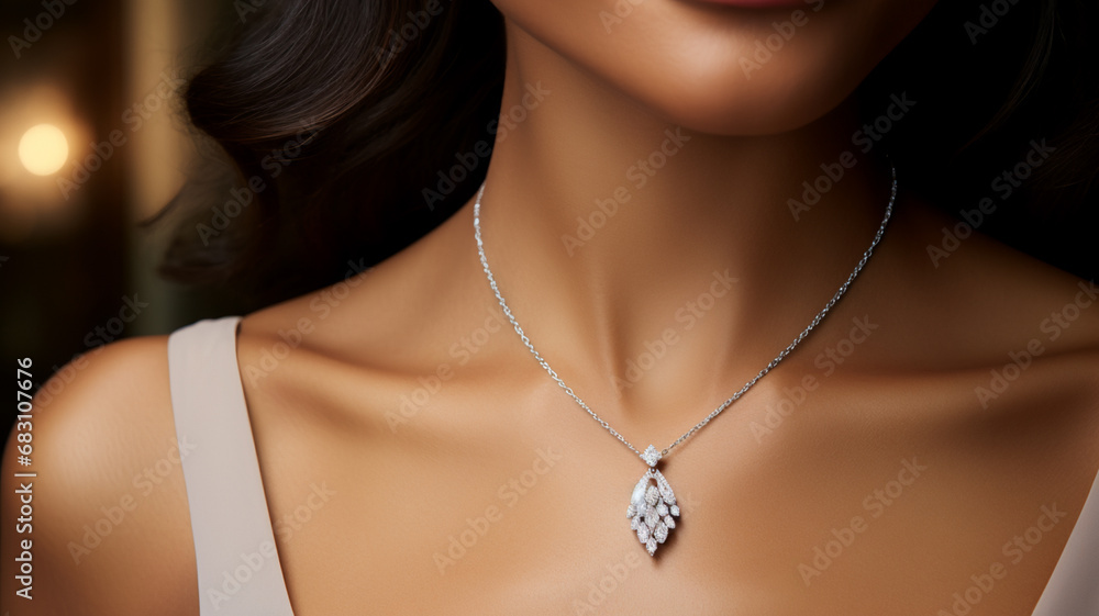 The beautiful woman in expensive pendant close-up, AI Generative.