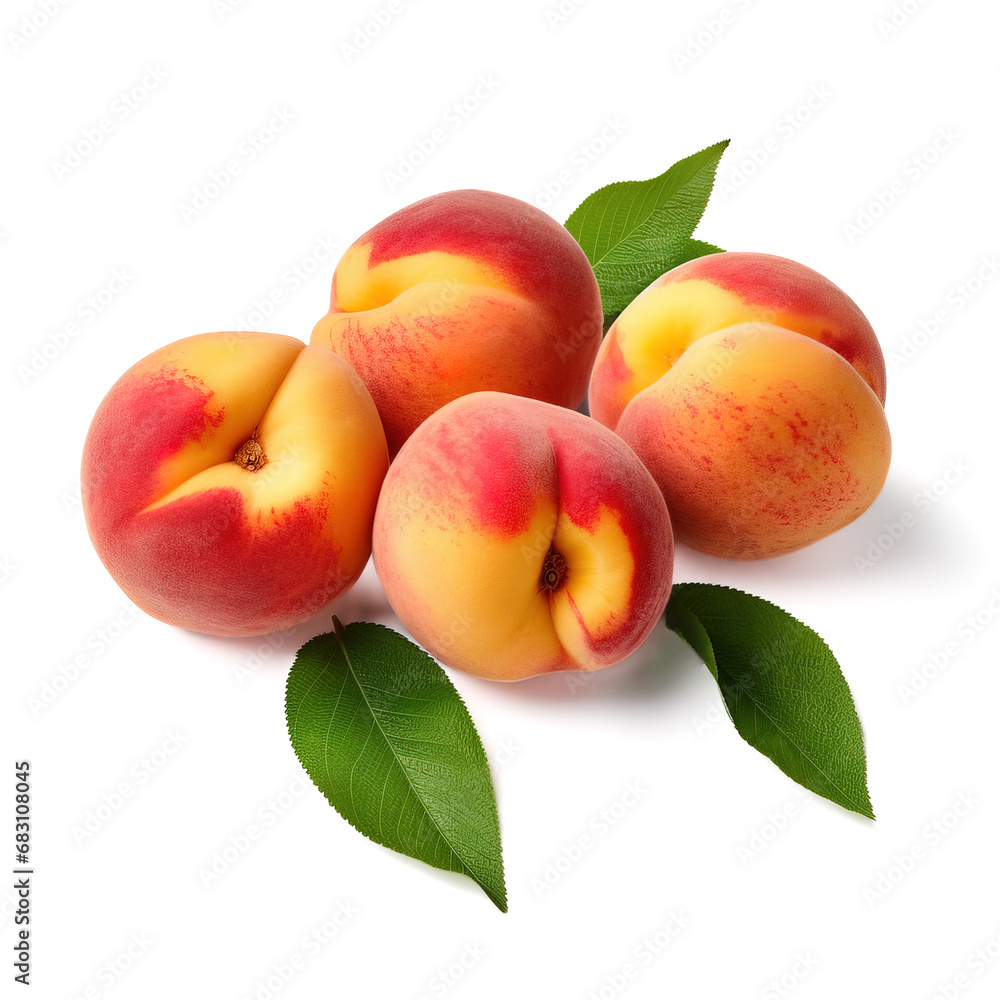 Ripe Peaches with Green Leaves on White Background Ripe Peaches with Green Leaves on White Background