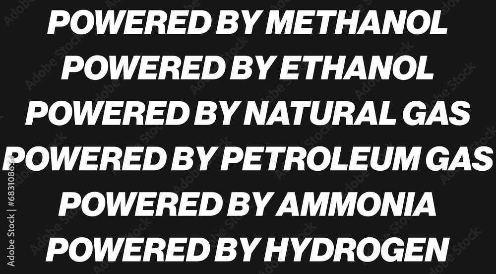 Isolated Set Of White Font Signs On A Black Background Related To Different Types Of Fuels People Use In Daily Life. Powered By Hydrogen Methanol Natural Gas Ammonia Petroleum Gas Ethanol. Isolated Set Of White Font Signs On A Black Background Related To Different Types Of Fuels People Use In Daily Life. Powered By Hydrogen Methanol Natural Gas Ammonia Petroleum Gas Ethanol.