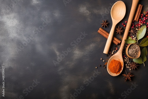 Wooden spoon and ingredients, copy space , generative ai