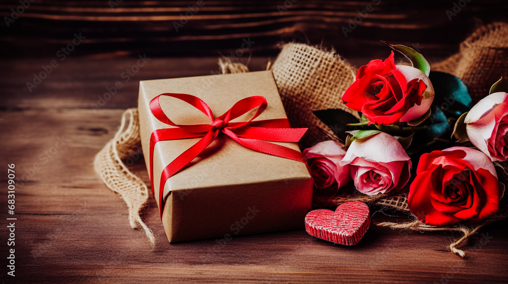 Bouquet de roses rouges et cadeau offerts pour la Saint Valentin - obrazy, fototapety, plakaty 