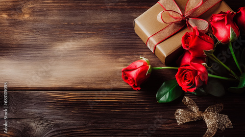 Bouquet de roses rouges et cadeau offerts pour la Saint Valentin