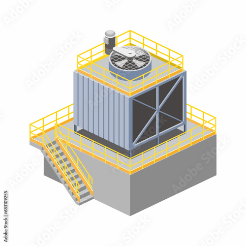 Isometric vector illustration of factory cooling tower with ground tank below. Cube shape of work platform with safety handrail and stair.