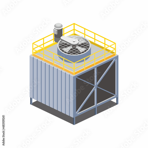 Isometric vector illustration of factory cooling tower. Single and stand alone air temperature system. 