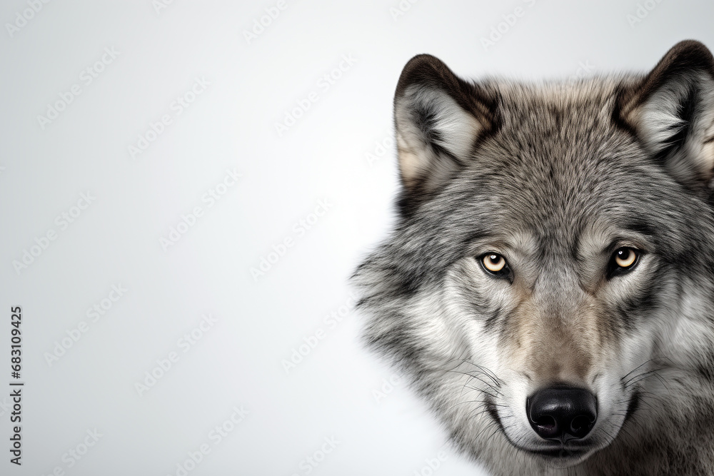 Wolf on a nature grey background. Image with copy space for text.