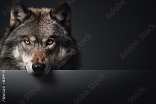 Wolf on a dark background. Image with copy space for text.